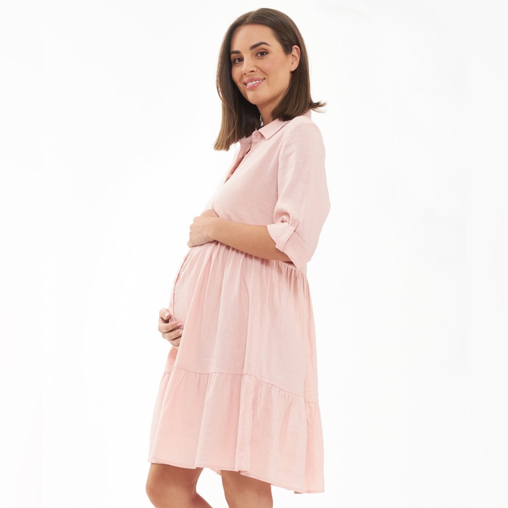 Ripe Maternity Women’s Adel Linen Blend Soft Pink Flowy Shirt Dress. Size M. NWT - Picture 4 of 12